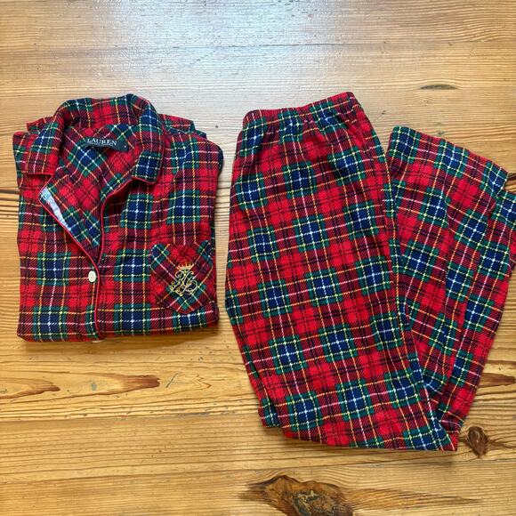 Ralph Lauren red blue plaid plaid fleece long sleeve pant sleep set SIZE S - Picture 1 of 6